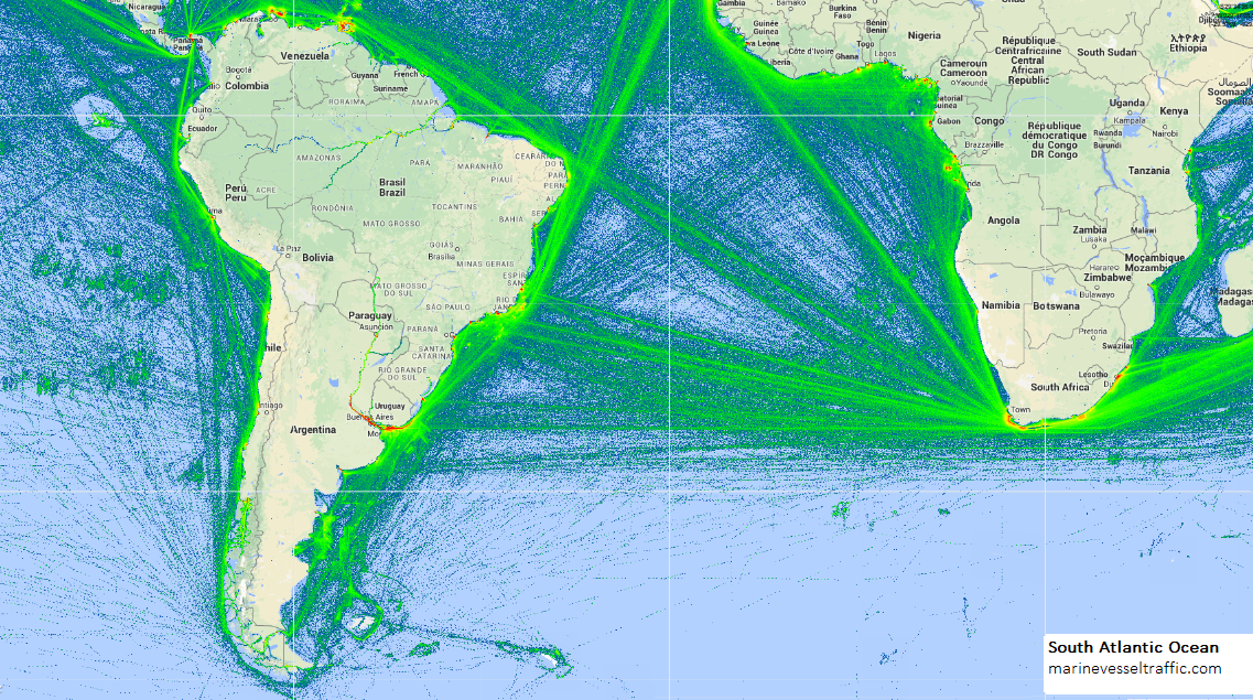 Live Marine Traffic, Density Map and Current Position of ships in SOUTH ATLANTIC OCEAN